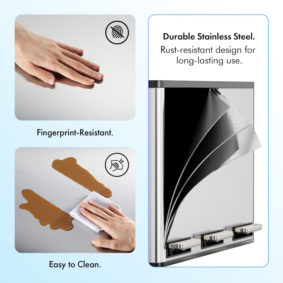 image 1 of 3 Compartment 45L Waste & Recycling Kitchen Bin (3 x 15L) | Silver | Stainless Steel | 45L