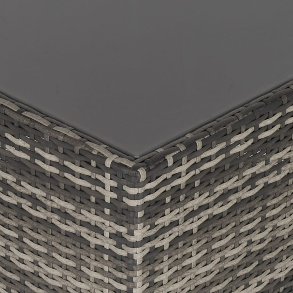 image 1 of Outsunny Rattan Garden Coffee Table, 65 cm Square Garden Rattan Table with Tempered Glass Top, All Weather Wicker Bistro Outdoor Furniture for Patio, Balcony, Porch, Deep Grey