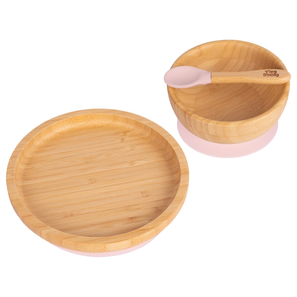 image 1 of Tiny Dining 3pc Round Bamboo Suction Dinner Set - Pastel Pink