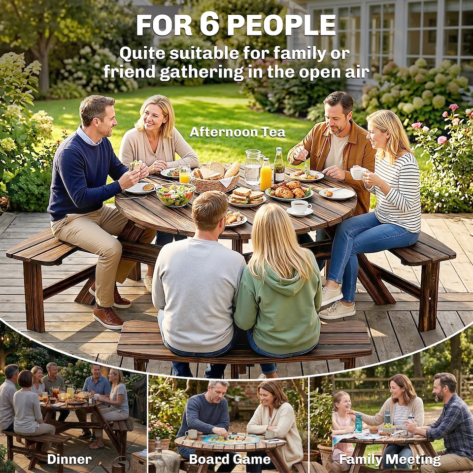 image 1 of Outsunny 6 Person Fir Wood Table Bench Set Outdoor Garden Patio, Carbonized | Brown | Carbonised finish | Table: 90 x 70 cm; Bench: 80 x 25 x 42 cm