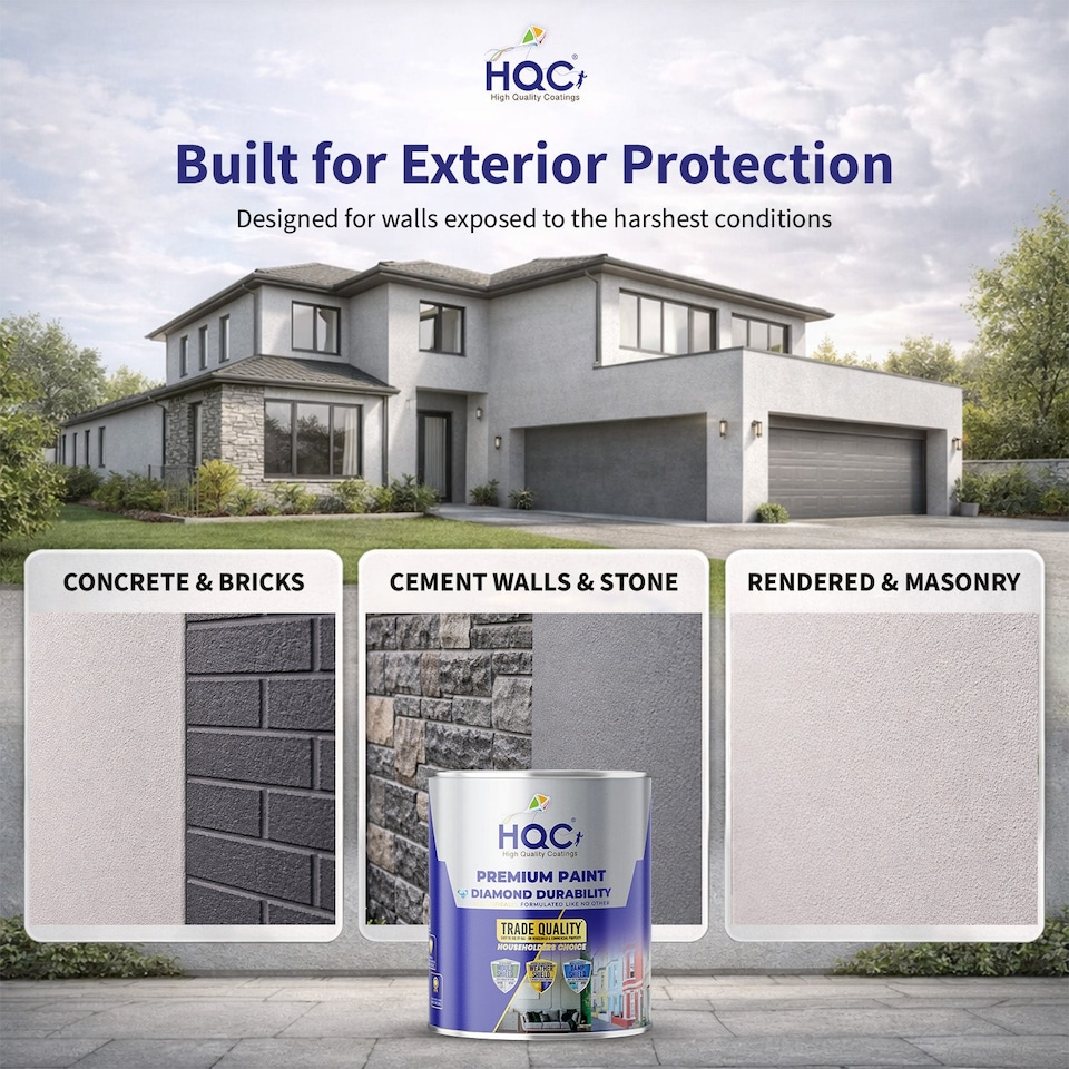 image 1 of HQC Masonry Paint -  Weatherproof & Long-lasting Protection For All Exterior Walls - White - 5L