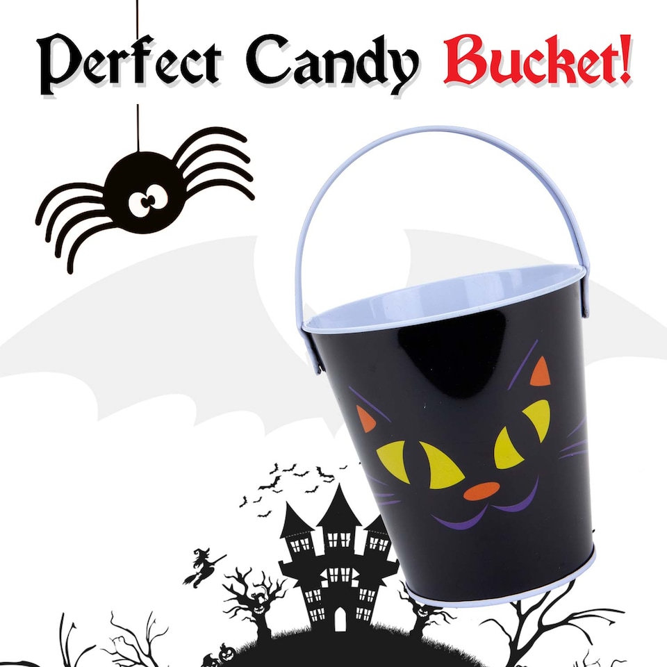 image 1 of VFM e-Store Halloween Candy Bucket - Pumpkin Cat Design - Lightweight Trick-or-Treat Pail