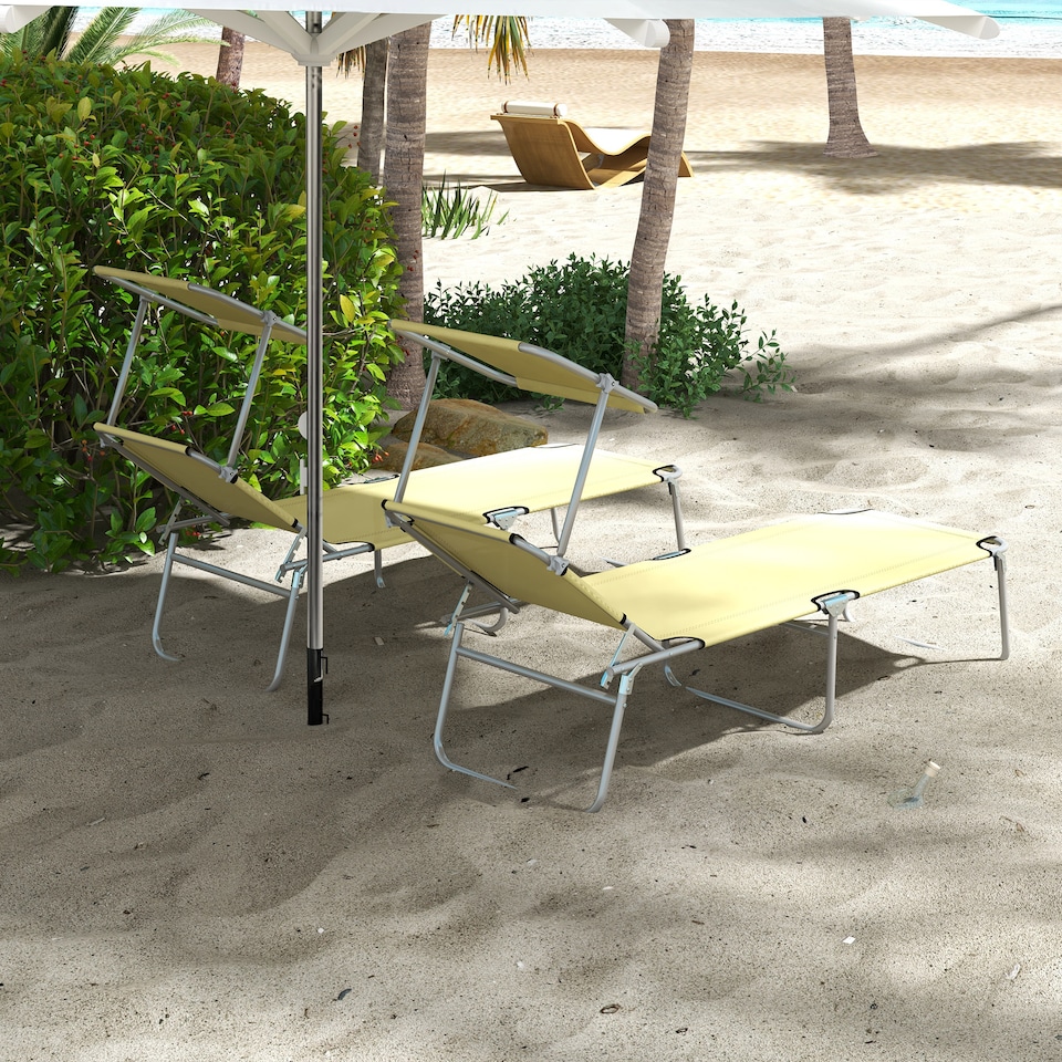 image 1 of Outsunny Folding Sun Lounger Set of 2 w/ Sunshade Adjustable Backrest Beige