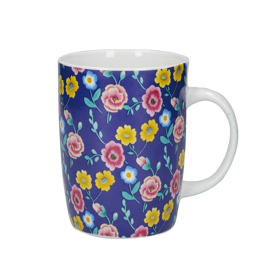 image 1 of KitchenCraft China 425ml Navy Floral Barrel Shaped Mug | Blue