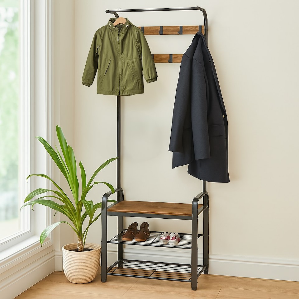 image 1 of Harbour Housewares Curved Steel Coat Rack with Shoe Storage Bench - Coat Rack Coat Stand Hat Hook Clothing Rail Shoe Rack Hall Storage S