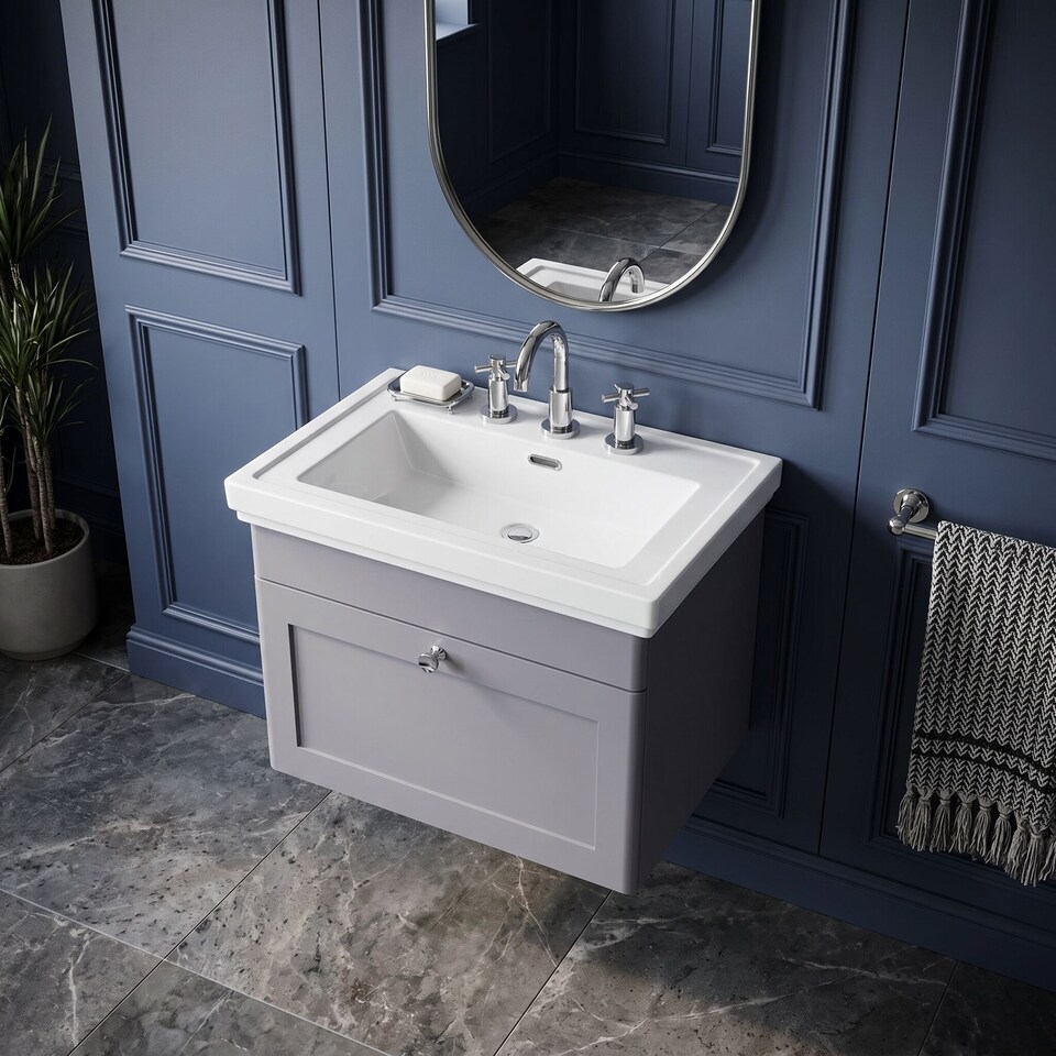 image 1 of Balterley Swynnerton Traditional 1 Drawer Wall Hung Vanity Unit with Basin, Satin Grey, 600mm