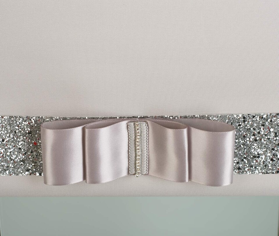 image 1 of FURNISHED Blackout Roller Blind with Silver Glitter Trim and Grey Bow Trimmable Window Shade | Grey | Grey | (W) 115cm x (L) 210cm