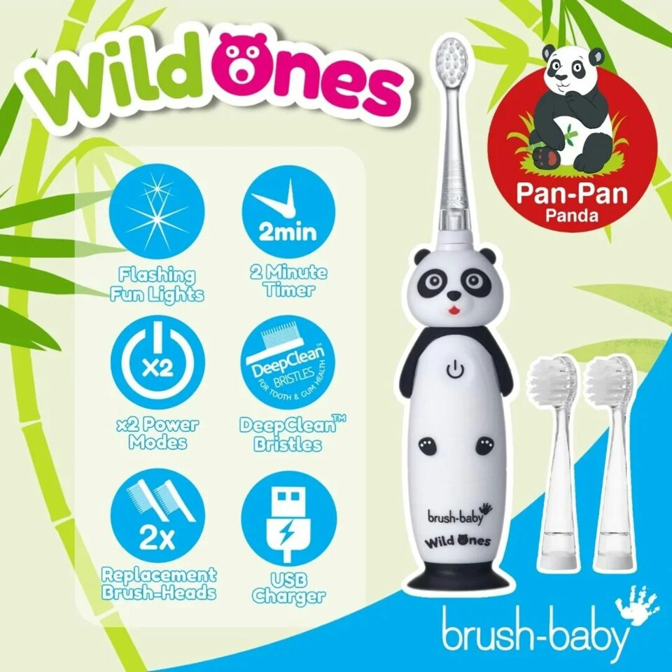 image 1 of Brush Baby WildOnes™ Panda Kids Electric Rechargeable Toothbrush & Applemint Toothpaste
