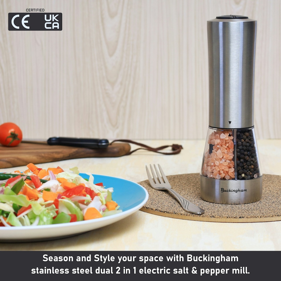 image 1 of Buckingham Stainless Steel Electric Dual 2 in 1 Salt & Pepper Mill