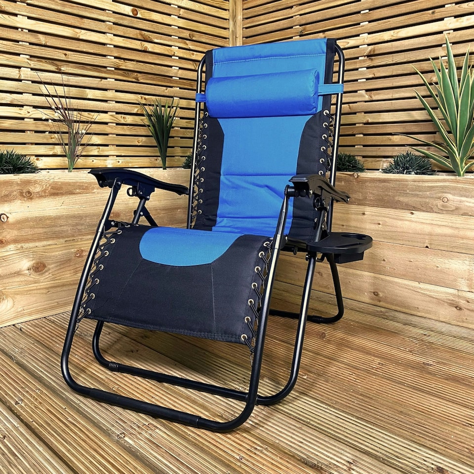 image 1 of Luxury Padded Multi Position Zero Gravity Garden Relaxer Chair Lounger in Blue & Black
