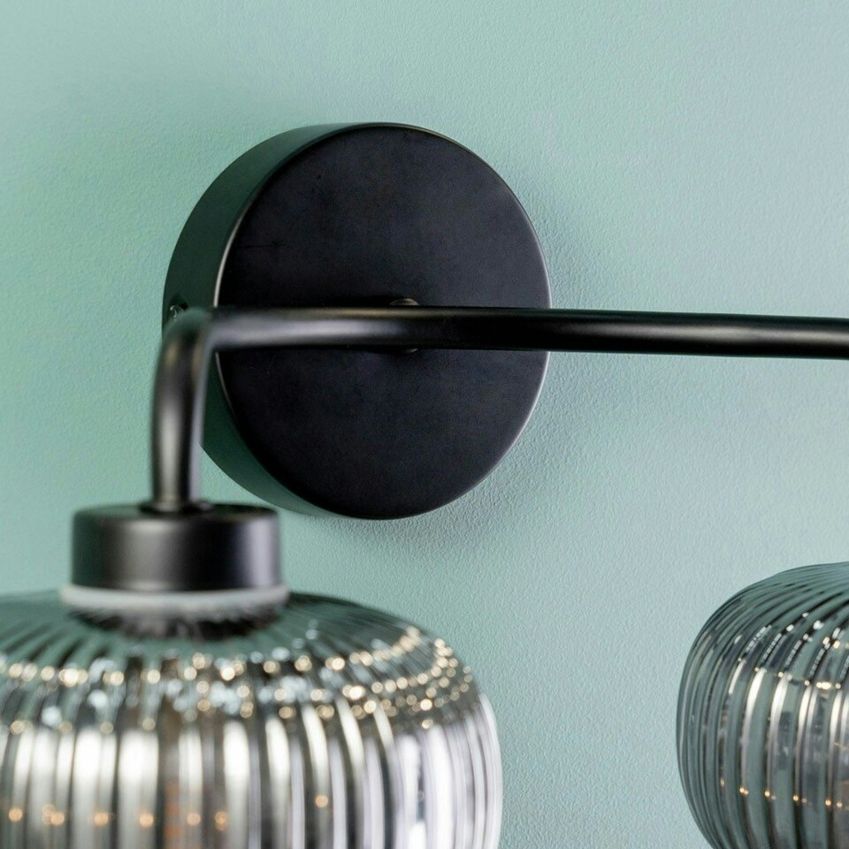 image 1 of ValueLights Amaia Matte Black IP44 Rated 2 Way Smoked Ribbed Glass Wall Light