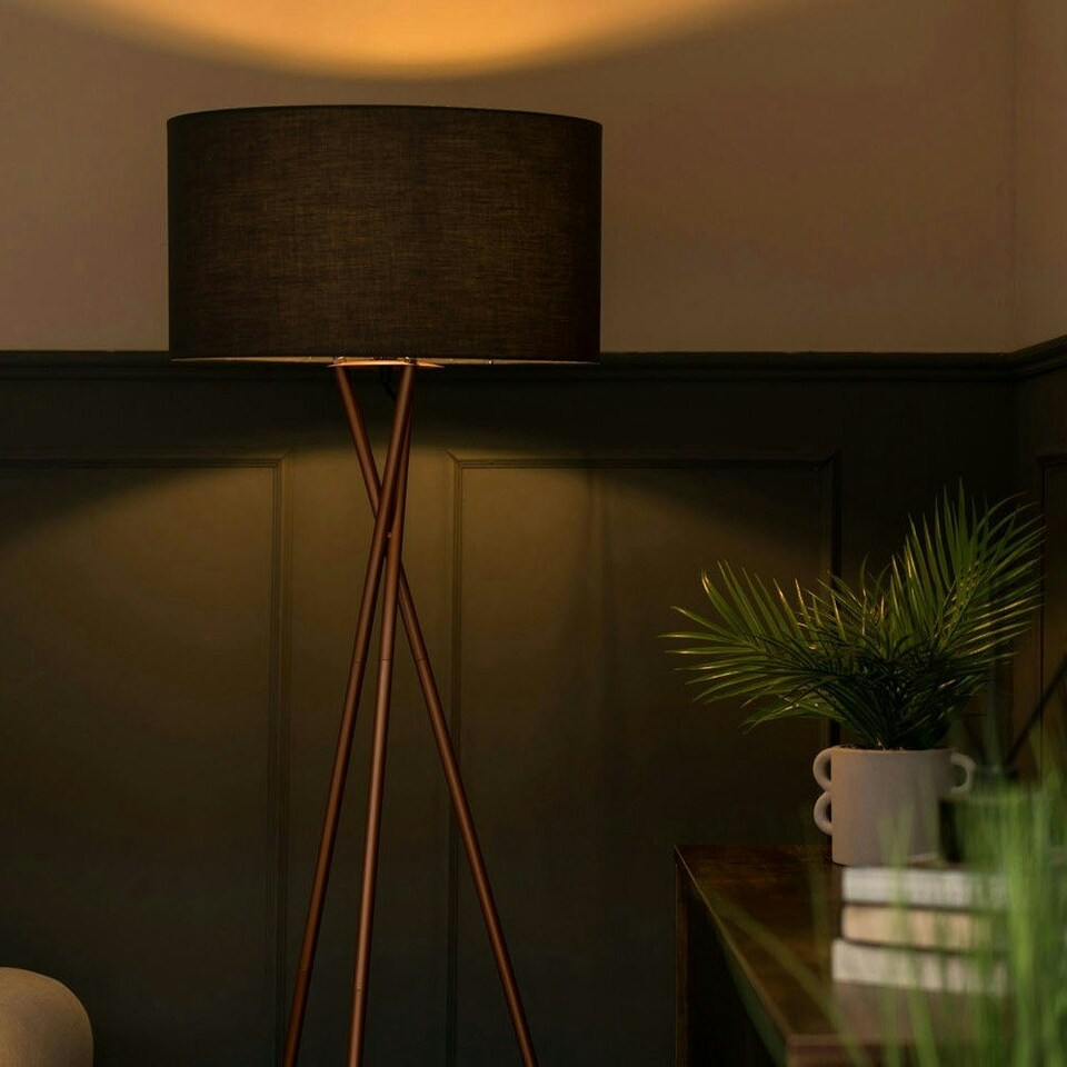 image 1 of ValueLights Camden Copper Tripod Floor Lamp with Charcoal Shade Grey