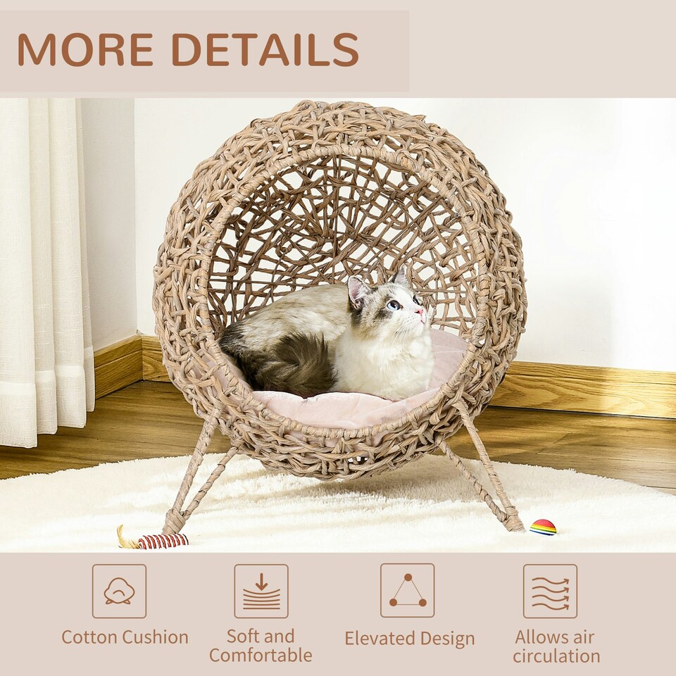 image 1 of PawHut Wicker Cat House, Ball-Shaped Rattan Raised Cat Bed - Natural Wood Finish