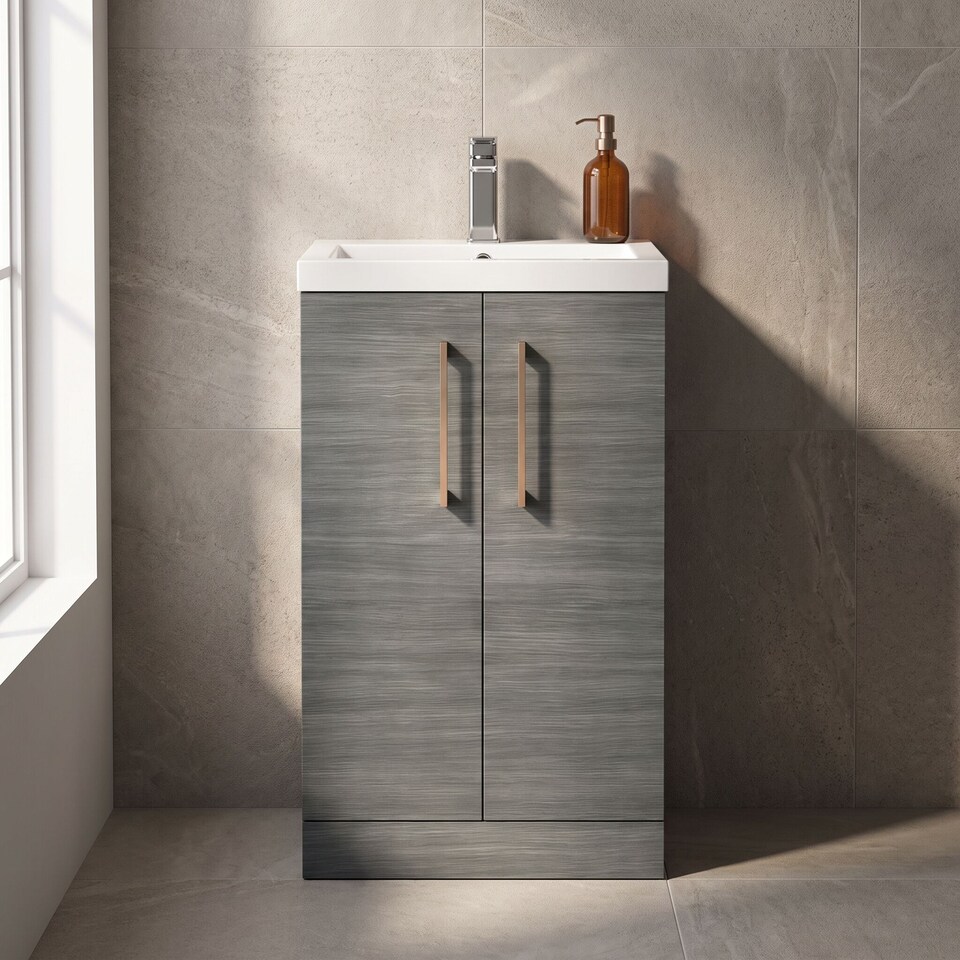 image 1 of Balterley Level Compact Bathroom Cloakroom Vanity Basin Unit with Ceramic Basin, Handles | Grey | Grey Woodgrain | 840 x 510 x 360mm