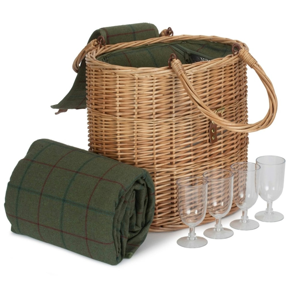 image 1 of Wicker Oval Green Tweed Fitted Cool Bag Drinks Picnic Basket