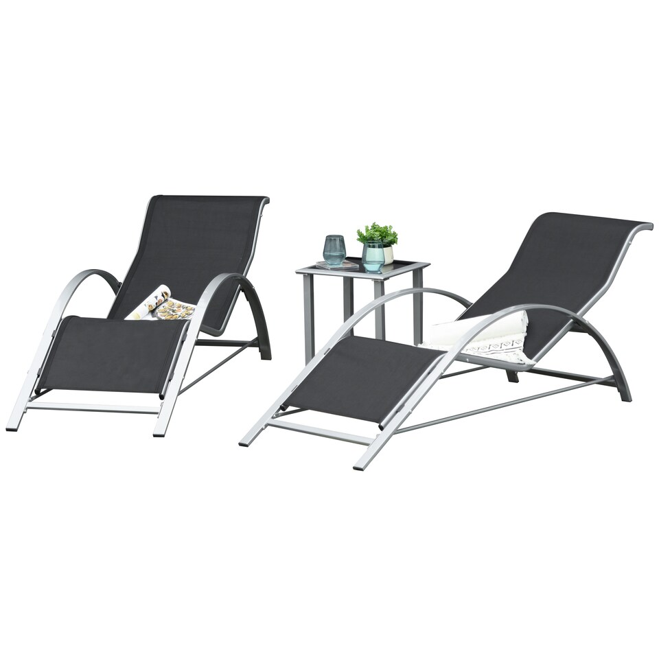image 1 of Outsunny 3 Pieces Sun Lounger Chair Set, Metal Frame Outdoor Garden Recliner Chairs with Glass-Top Side Table and Armrests for Patio, Black
