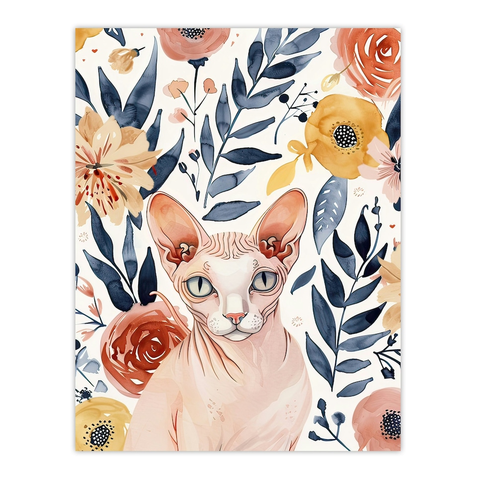 image 1 of Sphynx Cat Lover Floral Watercolour Portrait Black Framed Wall Art Print A4