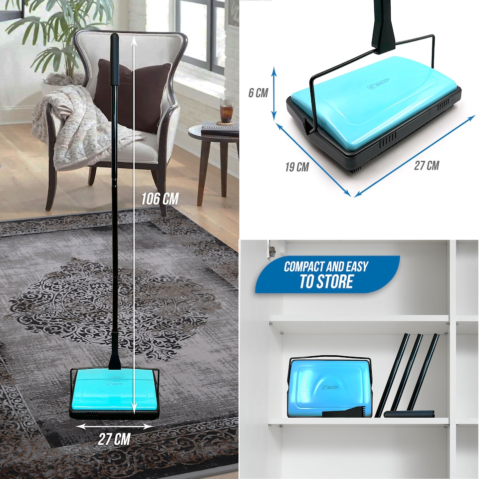 image 1 of Manual Carpet Sweeper with Detachable Cleaning Comb Cordless Carpet & Rug Cleaner for Efficient Floor Cleaning