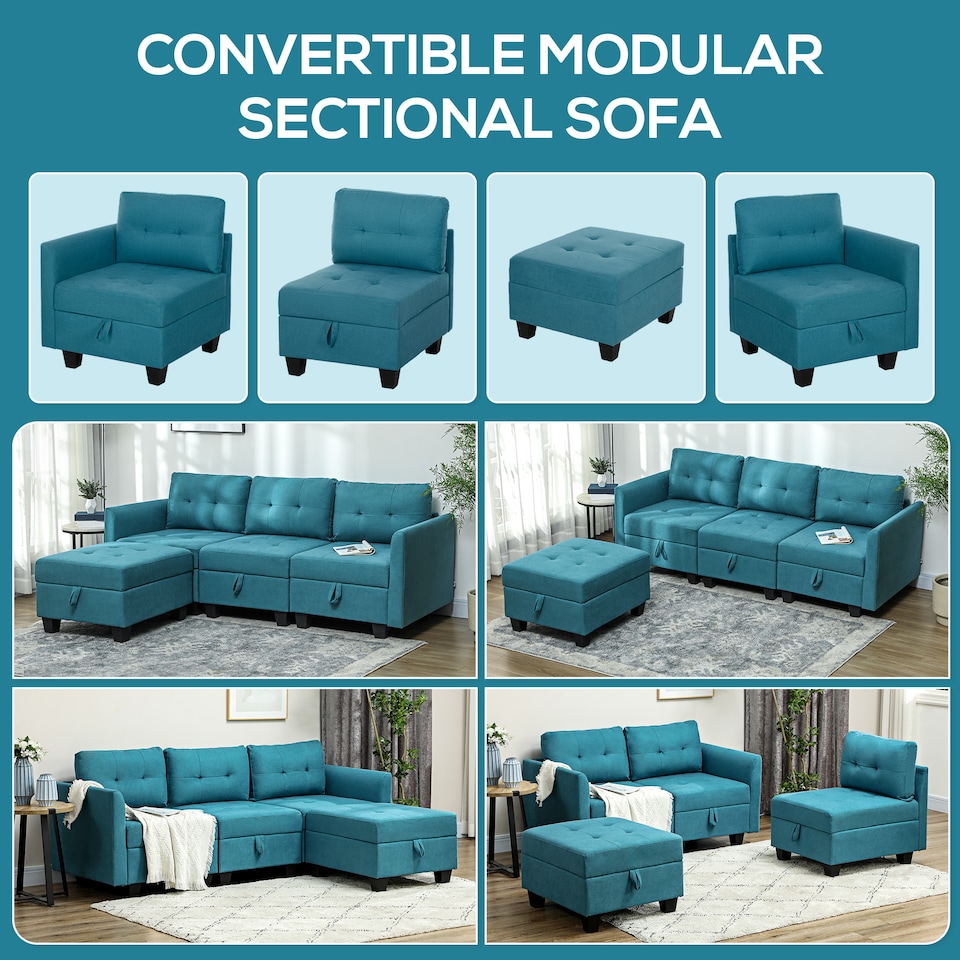 image 1 of HOMCOM Convertible Modular Sectional Sofa with Storage, Tufted 3 Seater Sofa Set, L Shaped Couch with Ottoman, Wood Frame for Living Room, Light Blue | Blue | One Size