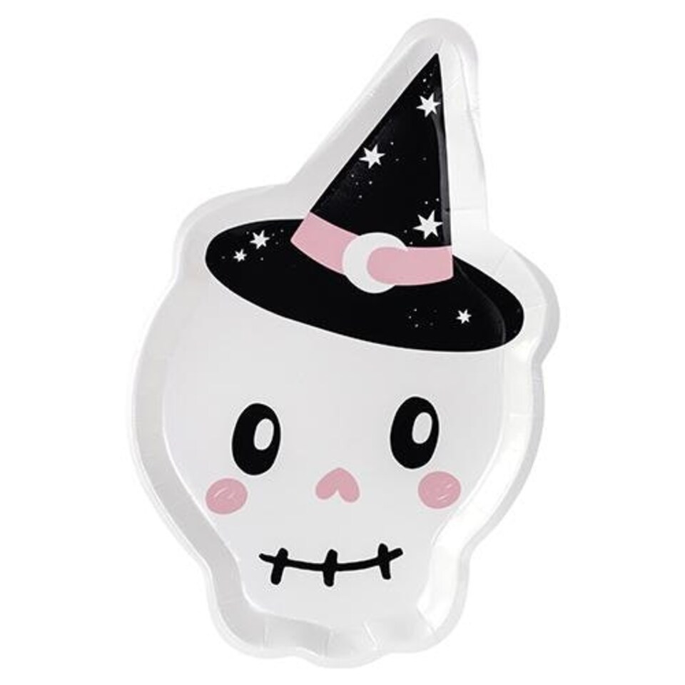 image 1 of Skull Shaped Halloween Paper Plates 27cm - Pack of 6 White