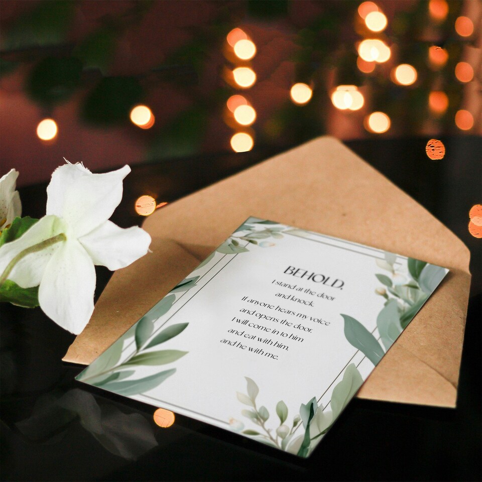 image 1 of Behold Stand at Door and Knock Green Floral Bible Christian Birthday Card