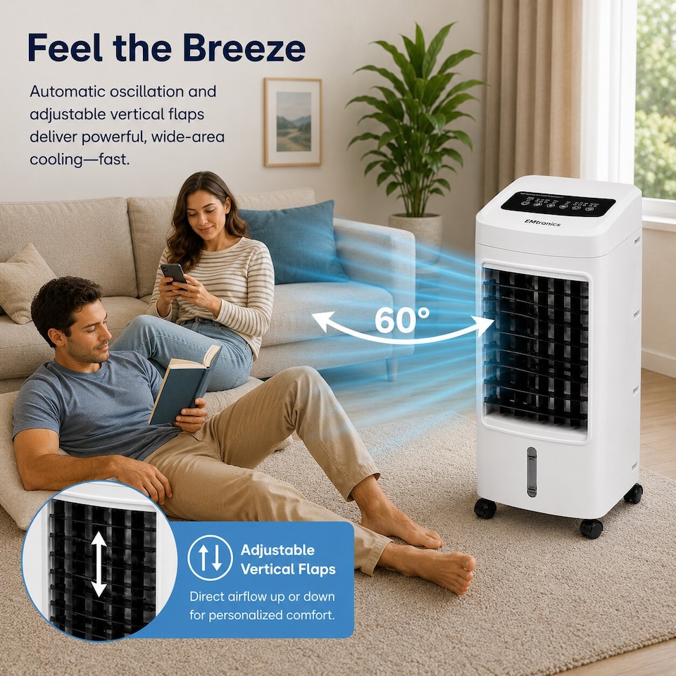 image 1 of EMtronics Portable Fan Evaporative Air Cooler Conditioner / Humidifier with Timer and 4 Litre Water Tank