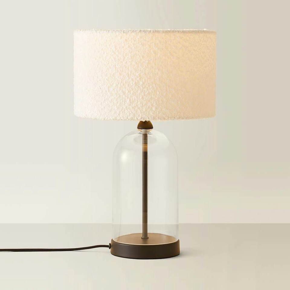 image 1 of ValueLights Jessy Glass and Black Metal Bedside Table Lamp with a Cream Boucle Lampshade
