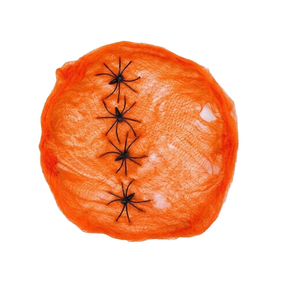 image 1 of Neon Orange UV Blacklight Cobweb with Plastic Spiders Halloween Decoration 60g