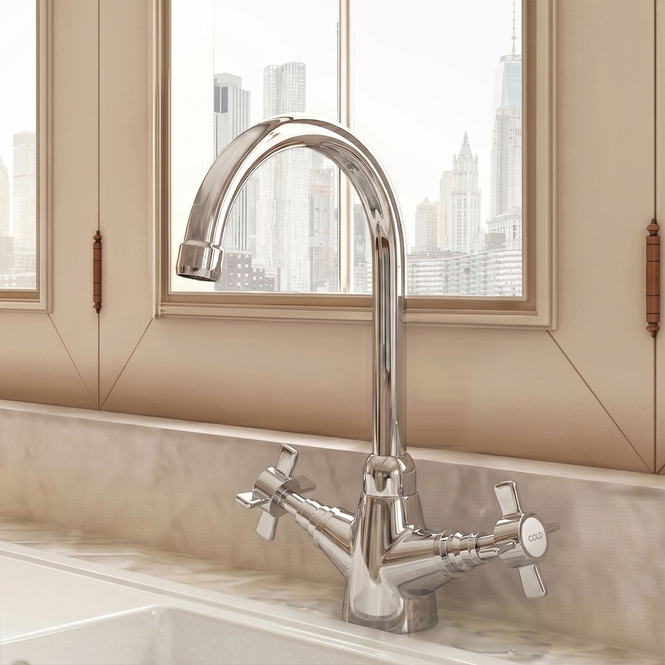 image 1 of Balterley Kitchen Curved Spout Mono Two Crosshead Handle Sink Mixer Tap - Contemporary Basin Tap | Silver | Chrome | 1