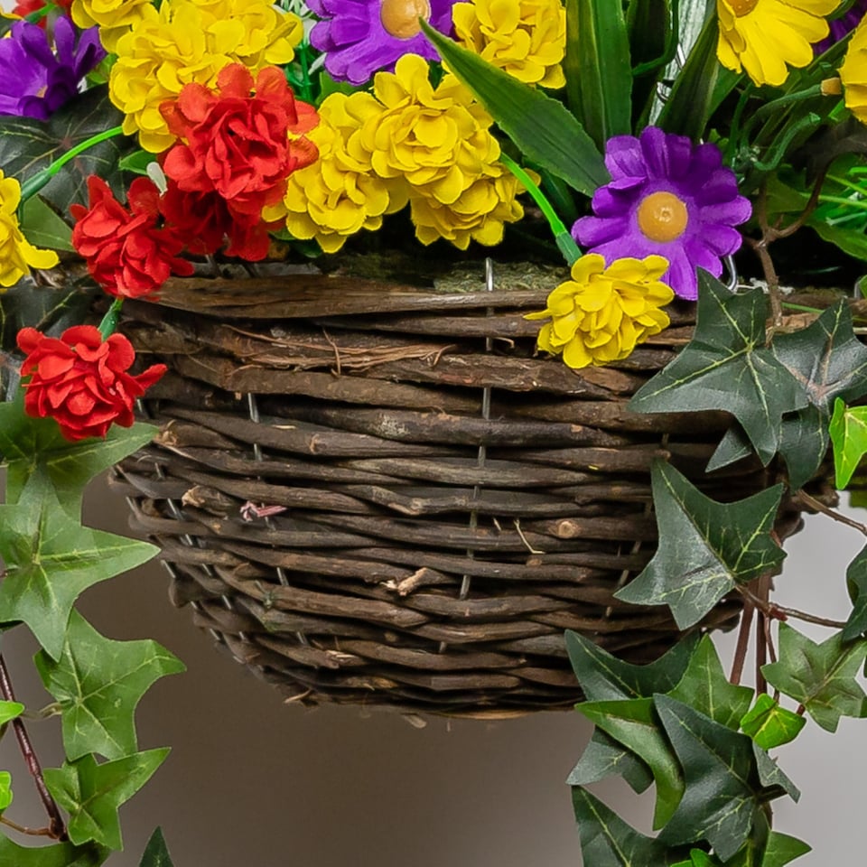 image 1 of Artificial Wildflower Flowers Rattan Hanging Basket Decoration Purple Yellow and Orange 25cm