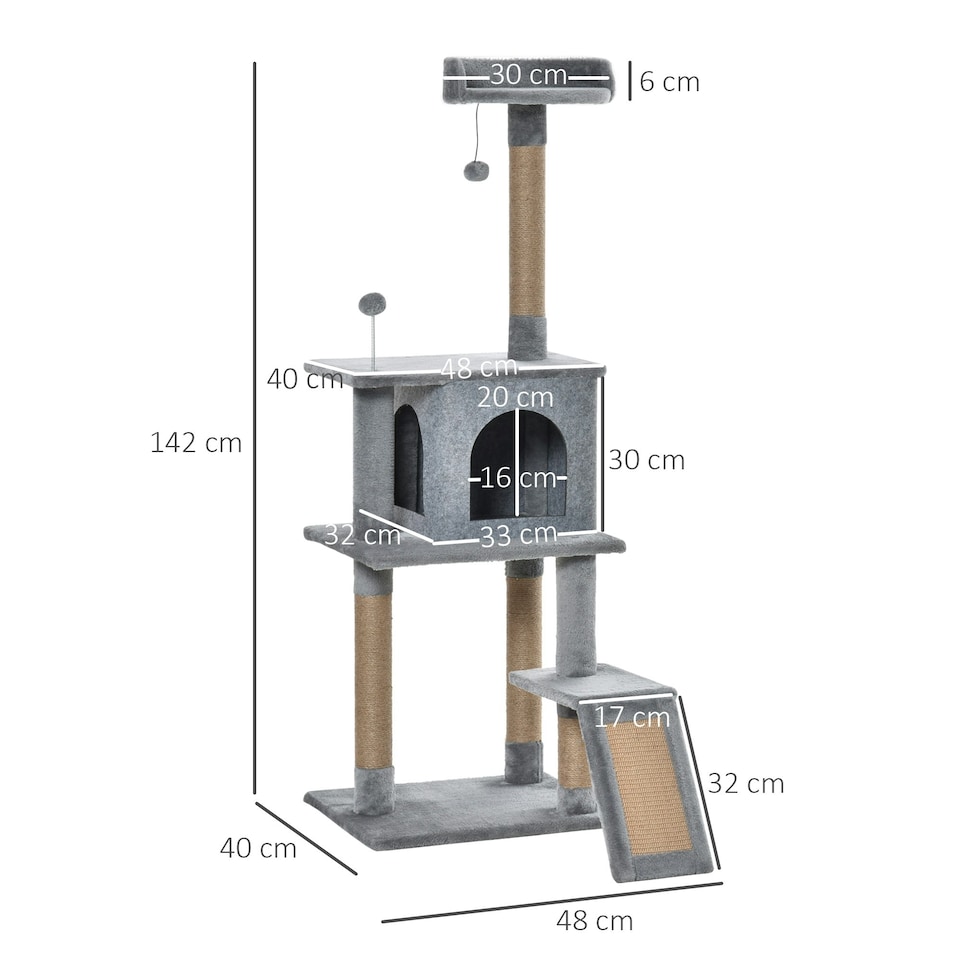 image 1 of PawHut Cat Tree 142cm Activity Center with Jute Scratching Post Condo, Grey