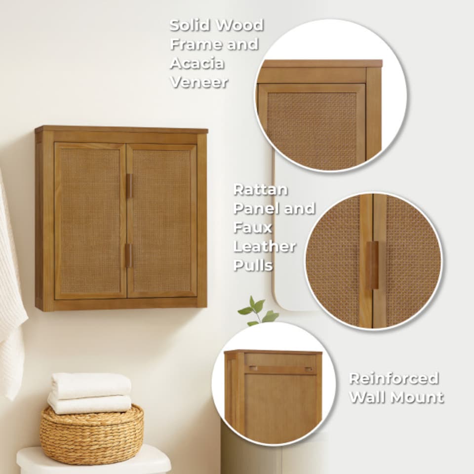 image 1 of Teamson Home Hatteras Bathroom Wall Cabinet Rattan Doors, Natural