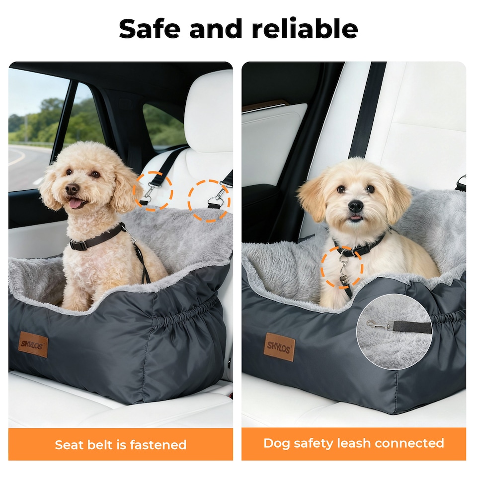 image 1 of Skylos Dog Car Seat Bed Pet Booster Travel Carrier with Safety Leash | Grey | Grey | 1
