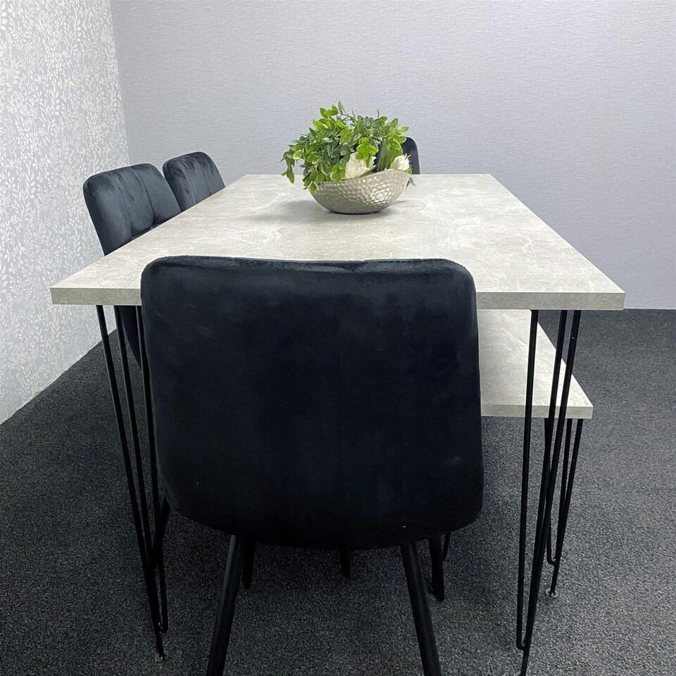 image 1 of Grey Dining Table with Hairpin Legs, Bench & 4 Black Velvet Chairs Set for Kitchen & Dining Room Grey
