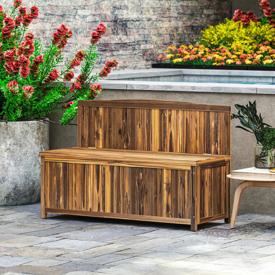 image 1 of Outsunny Wood Storage Bench for Patio, Outdoor Garden Seating, Brown Grey