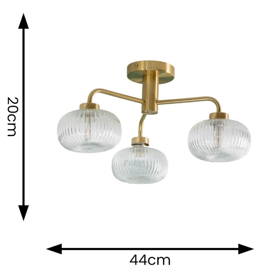 image 1 of ValueLights Amaia Gold IP44 3 Way Clear Ribbed Glass Ceiling Light & Bulbs | Gold