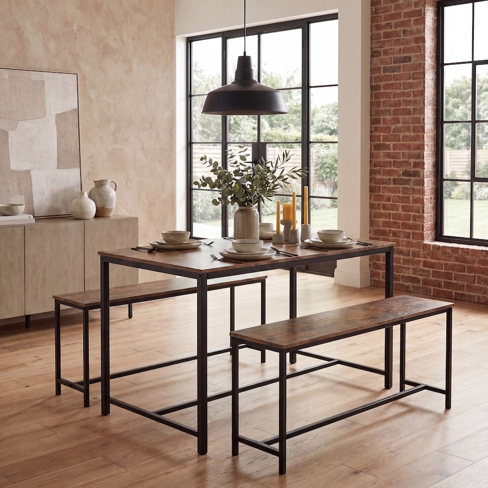 image 1 of Vida Designs Brooklyn 4 Seater Dining Set 3 Piece Table & Bench Set, Dark Wood