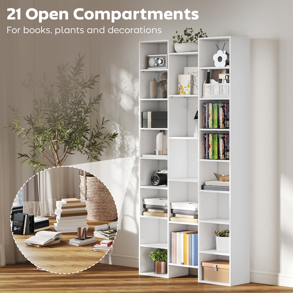 image 1 of HOMCOM 21-Cube Tall Bookcase, Modern Cube Book shelf with 10 Adjustable Shelves, Freestanding Multi-Functional Storage Unit for Living Room, Home Office, Bedroom, 181 x 89.5W cm, White | White | White