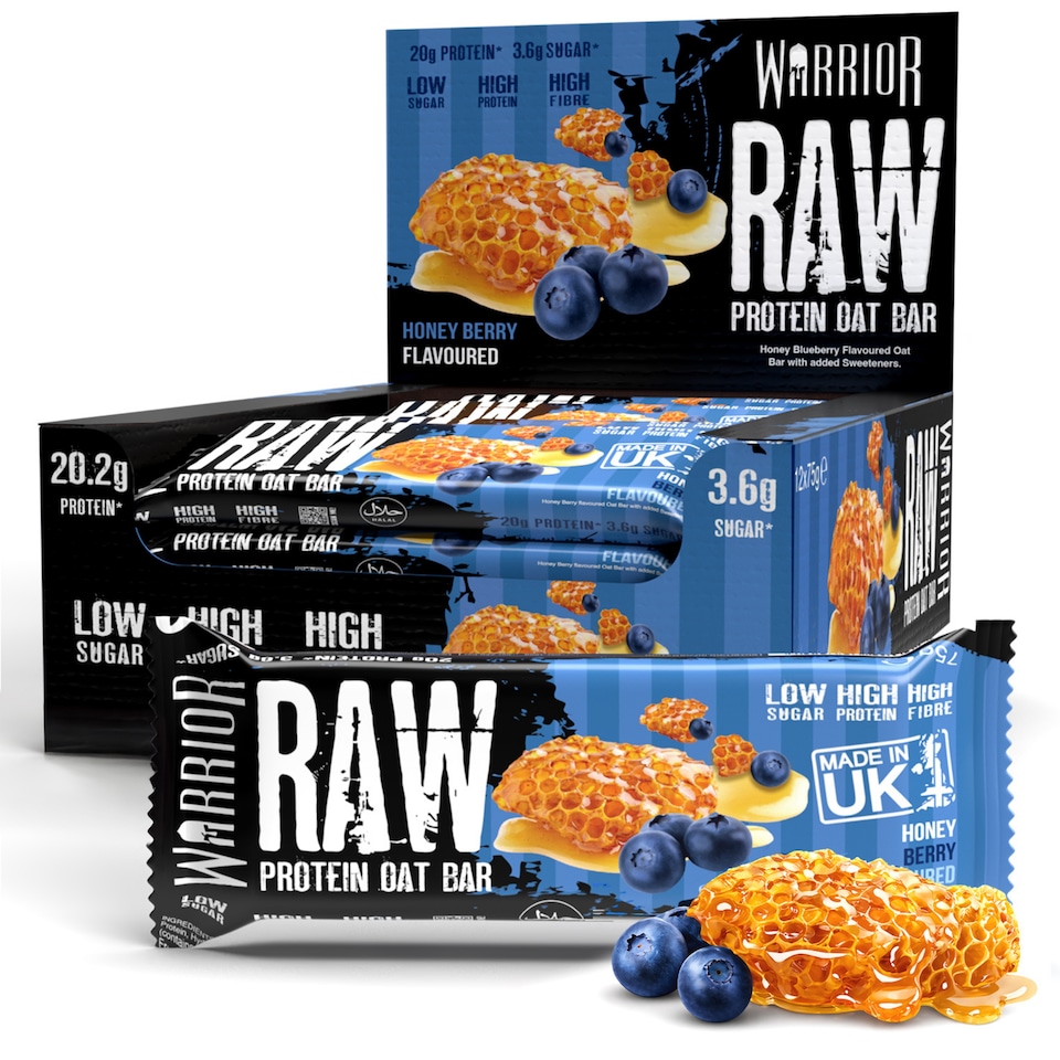 image 1 of Warrior RAW Protein Bars 12 x 75g – 20g High Protein Bar, Low Sugar High Fibre Oat Protein Flapjack – Protein Snacks, Meal Replacement Bars (Honey Berry)