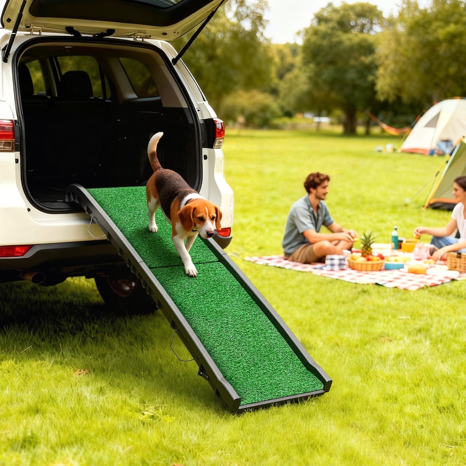image 1 of PawHut Dog Ramp for Car Foldable & Portable, Artificial Anti-slip Surface | Black