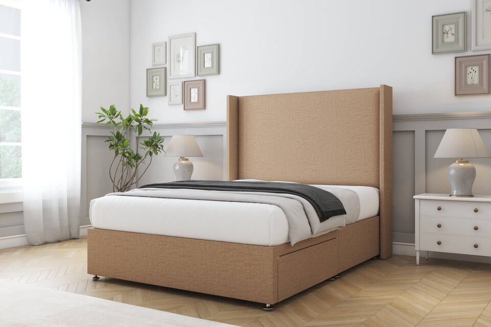 image 1 of Sloomy Devonshire Latte Dumfries Divan Bed With Mattress 2 Drawers Footend With 54" Wingback Headboard 4' Small Double | Brown | Latte | Small Double | 1