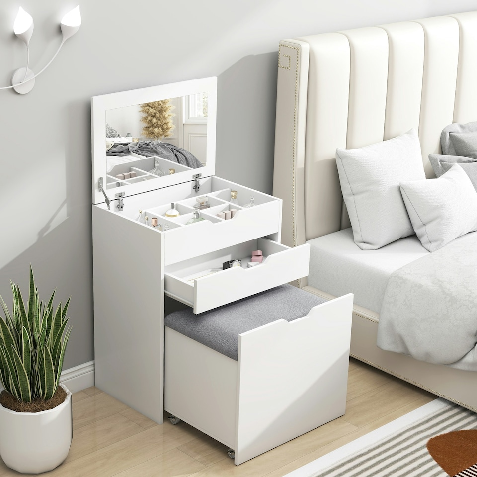 image 1 of HOMCOM Dressing Table with Mirror and Stool, Vanity Table with Storage, White
