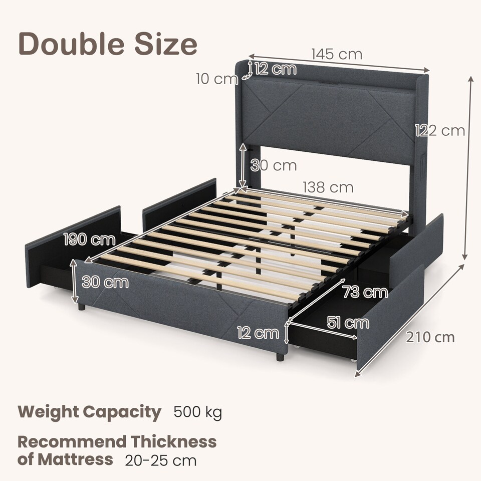 image 1 of COSTWAY Double Size Bed Frame with Lights and Charging Grey