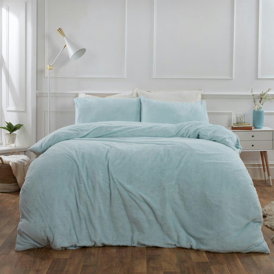 image 1 of OHS Ultra Soft Teddy Fleece Duvet Cover and Pillowcase Bedding Set, Super King - Duck Egg Blue