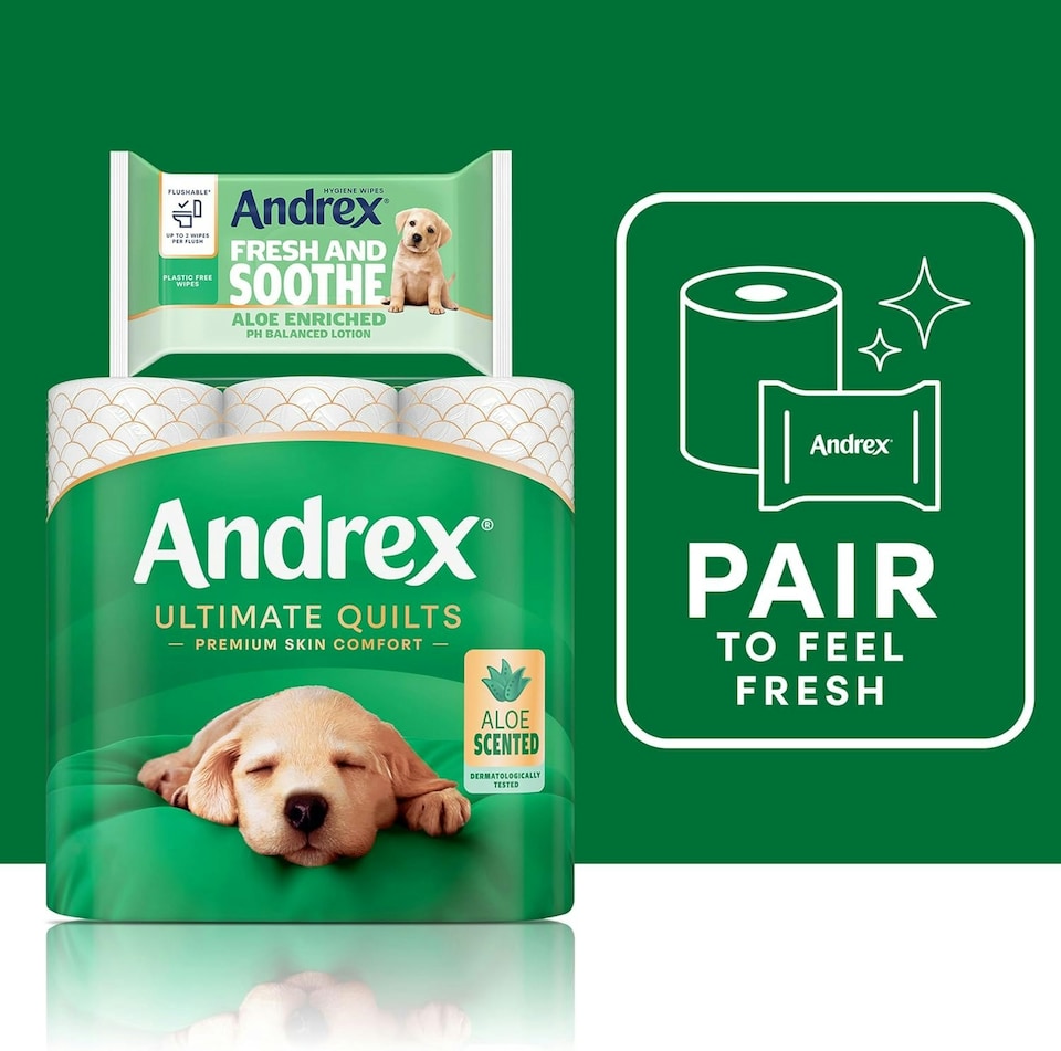 image 1 of Andrex Ultimate Quilts Toilet Tissue 36 Rolls with Aloe Vera Fragrance, Air Pocket Technology for Soft, Thick Sheets - Bulk Pack of 36 Quilted Toilet Rolls