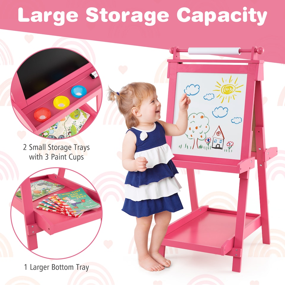 image 1 of COSTWAY Foldable Easel Kids 3-in-1 Double-sided Art Easel w/Chalkboard-Pink