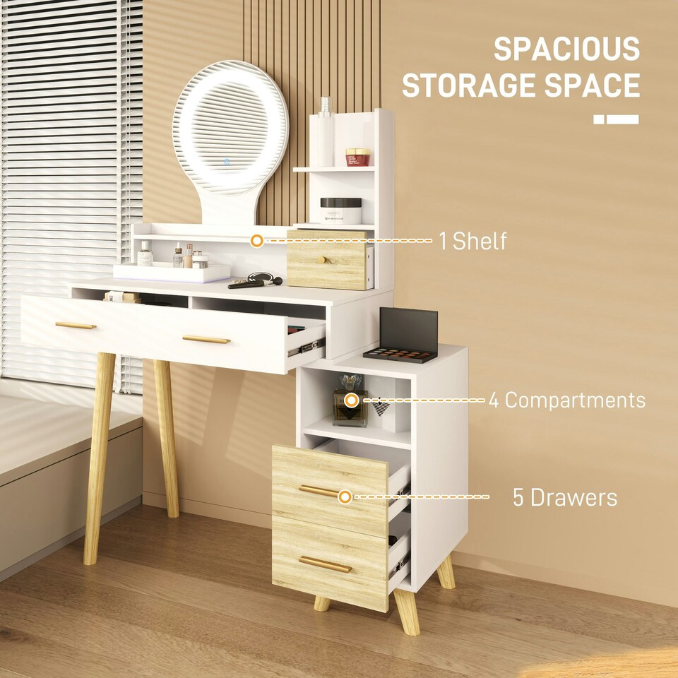 image 1 of HOMCOM Dressing Table with Mirror, Vanity Table with LED Lights, White