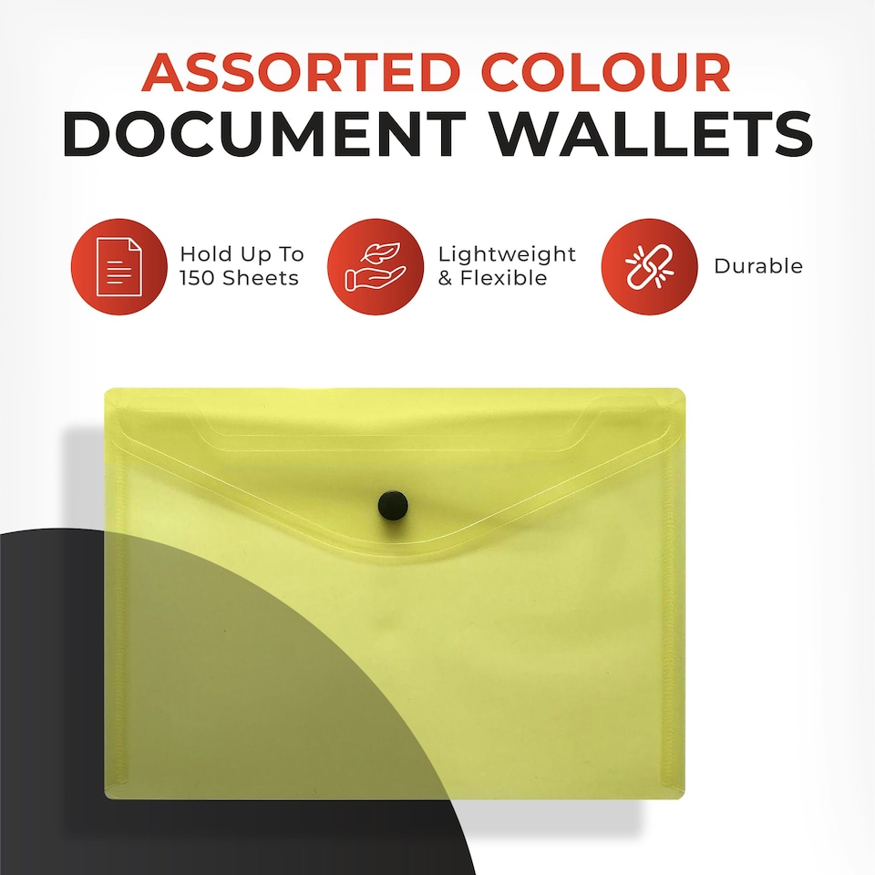 image 1 of Pack of 12 Janrax A4 Yellow Document Wallets - Button Stud Folder