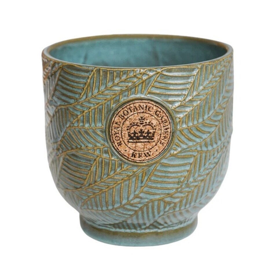 image 1 of Kew Leaf Embossed Cork Planter - Ceramic - L18 x W18 x H18 cm - Moss Green