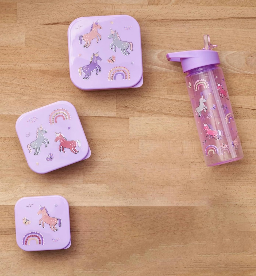 image 1 of Tiny To Tots Unicorn Lunch Bag, 3 Pack Nested Boxes & Flip Top Straw Sipper 500ml
